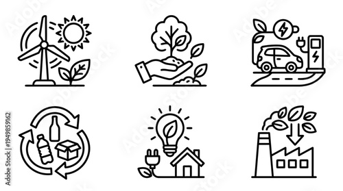 Sustainable living outline icons with wind turbine electric car recycle and eco home