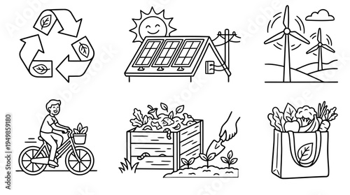 Recycling lifestyle outline icons with bicycle compost solar home and eco living concept