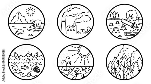Climate change outline icons with melting ice pollution drought wildfire global warming