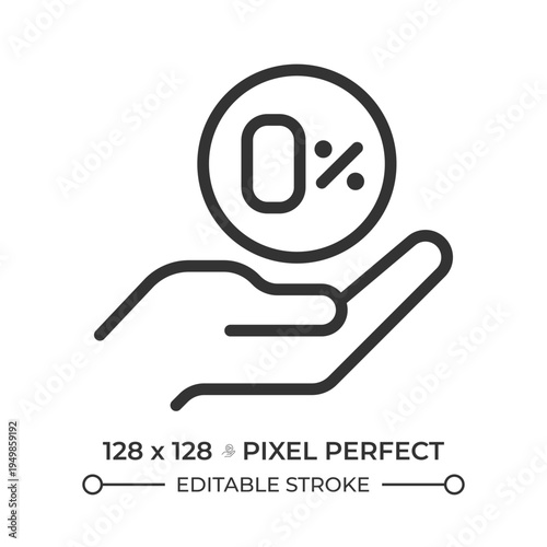 Tax free pixel perfect line icon. Financial services, zero percent. Interest rate, product discount. Business fee. Isolated vector illustration. Outline symbol. Simple linear drawing. Editable stroke