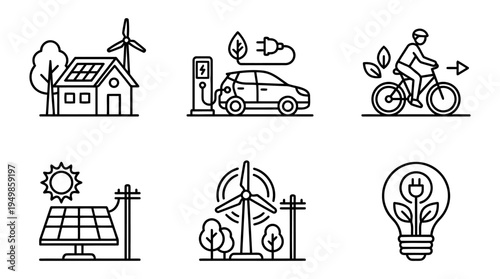 Green energy home outline icons with solar panel electric car bicycle renewable power