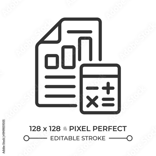 Accounting pixel perfect line icon. Financial reporting, statistical statement. Analytical documents. Income chart. Isolated vector illustration. Outline symbol. Simple linear drawing. Editable stroke