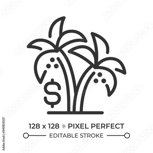 Tax evasion pixel perfect line icon. Industry regulation, financial management. Paid vacation, money organization. Isolated vector illustration. Outline symbol. Simple linear drawing. Editable stroke
