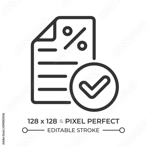 Tax form pixel perfect line icon. Approved document, official agreement. Verified invoice, financial processes. Isolated vector illustration. Outline symbol. Simple linear drawing. Editable stroke
