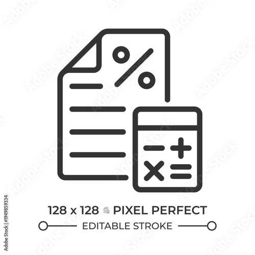 Accounting pixel perfect line icon. Financial management, tax calculation. Interest rate. Bookkeeping process. Isolated vector illustration. Outline symbol. Simple linear drawing. Editable stroke