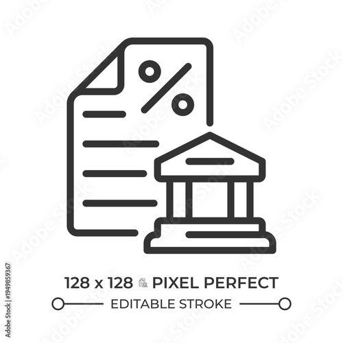 Tax office pixel perfect line icon. Bank statement, financial transaction. Audit report, monetary policy. Isolated vector illustration. Outline symbol. Simple linear drawing. Editable stroke