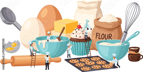 Baking Ingredients and Pastry Preparation Vector Illustration Set Featuring Flour, Eggs, Butter, Cupcake, Cookies and Kitchen Baking Tools