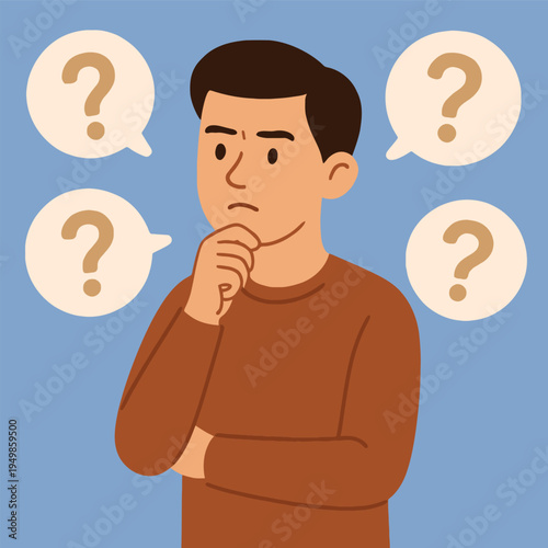 Flat illustration of a man sitting in thought, doubting himself, representing low self-esteem and self-doubt.