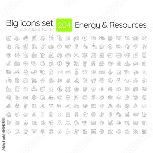 Energy and resources line icons big set. Sustainable power generation industry. Renewable natural sources. iconset outline pictograms. Isolated linear vector illustrations. Editable stroke