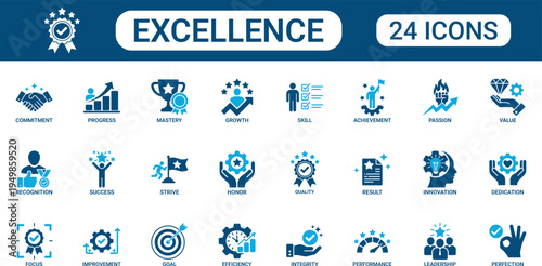 Excellence Icon Set with Achievement, Success, Leadership, Skill Mastery, Quality, Innovation, Commitment Symbols in Flat Style for Business Performance, Motivation and Professional Development