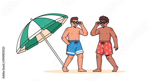 Vector illustration of two men in swimwear walking on beach with umbrella