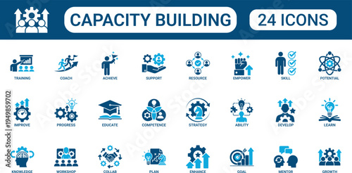 Capacity Building Icon Set with Training, Skill Development, Knowledge Growth, Learning, Coaching and Professional Improvement Symbols in Solid Glyph Style for Education and Workforce Development