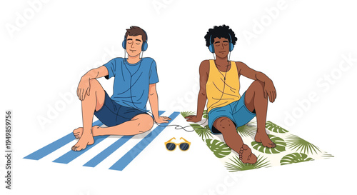 Vector illustration of two people relaxing on beach towels