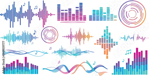 Colorful Audio Waveform and Music Equalizer Vector Illustration Set Featuring Sound Waves, Spectrum Bars and Digital Music Visualization