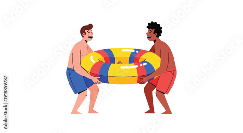 Vector illustration of two men carrying colorful inflatable ring