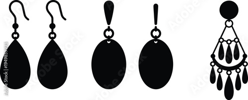 Earring silhouette set, teardrop oval triangular jewelry designs, fashion accessory vector illustration, black white style, decorative ornament collection