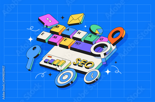 Business strategy and project management 3d isometric illustration with search engine optimization icons
