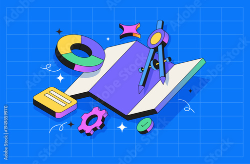 Strategic planning and engineering process 3d isometric illustration with compass and data charts