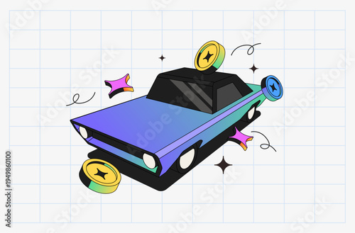Auto insurance and rental service 3d isometric illustration with stylish car and money symbols