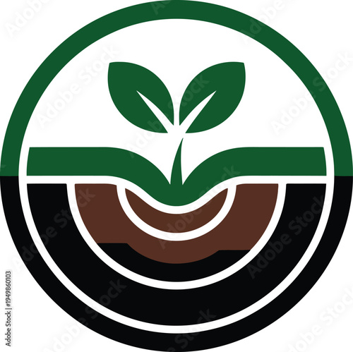 Circular agriculture logo showing green plant sprout growing from brown soil layers inside ring
