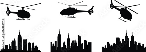 Helicopter silhouette set above city skylines, urban skyline vector illustration, transportation surveillance emergency response, black white architectural design