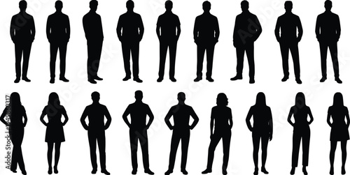 Human silhouette set standing in various poses, male female figures, posture body language vector illustration, black white design collection