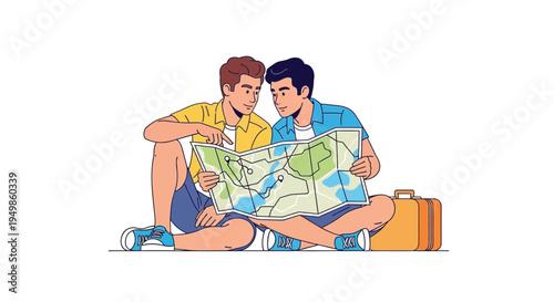 Vector illustration of two men sitting with a map and suitcase