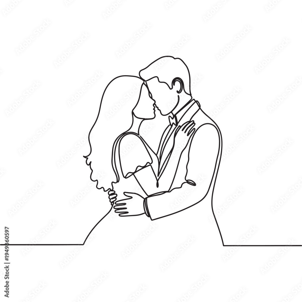 Obraz premium Romantic Couple Hugging Line Art – Love Relationship Minimal Outline Vector Illustration