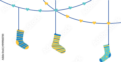 Hanging socks decoration for world down syndrome day. Vector isolated