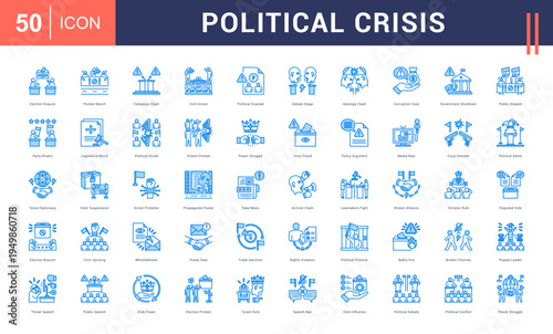 Political Crisis Icon Set. election dispute, protest march, campaign clash, civil unrest, political scandal and more. Blue vector icons collection.
