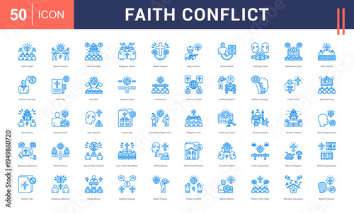 Faith Conflict Icon Set. faith clash, belief tension, holy site riot, religious march, belief dispute and more. Blue vector icons collection.