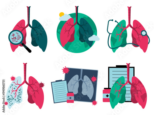 Set of world tuberculosis day illustration for lungs health awarness, bacteria infection disease on respiratory system. Vector isolated