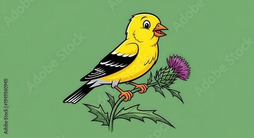 Colorful Songbird Perched on Thistle Plant with Bright Green Background