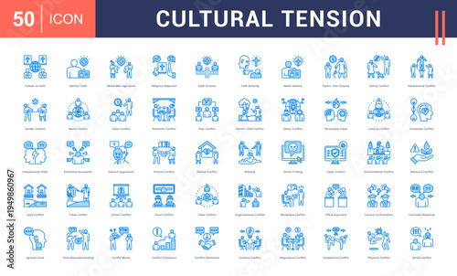 Cultural Tension Icon Set. culture vs faith, identity clash, mixed marriage issue, religious rejection, faith division and more. Blue vector icons collection.