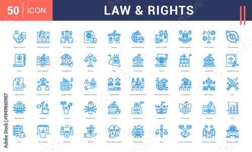 Law & Rights Icon Set. rights violation, political prisoner, civil rights, citizenship, asylum and more. Blue vector icons collection.