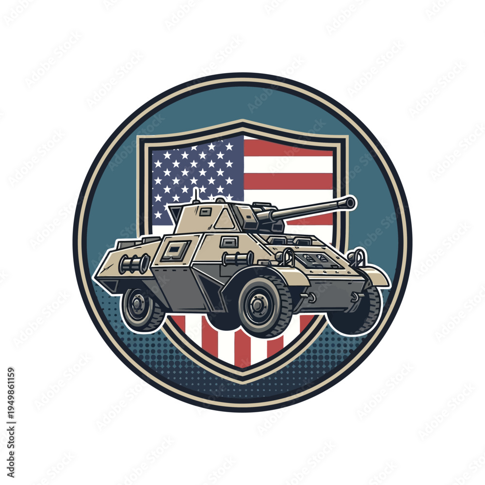 Fototapeta premium Vintage military vehicle with american flag shield emblem patch design