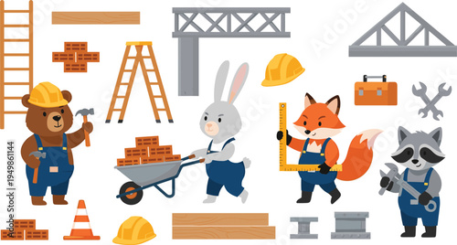 Cute Animal Construction Workers Collection with Bear Rabbit Fox Raccoon Builders Tools Bricks Ladder and Building Elements Vector Illustration Set