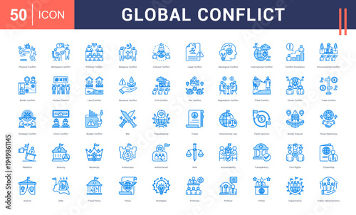 Global Conflict Icon Set. physical, workplace, political, religious, cultural and more. Blue vector icons collection.