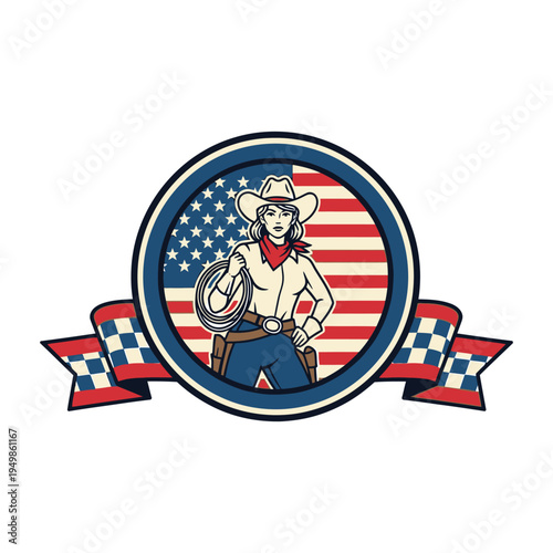 Patriotic cowboy character holding an american flag in a circular badge design