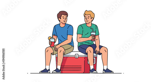 Vector illustration of two men sitting with cooler and drinks