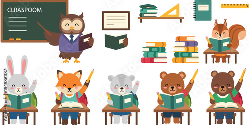 Cute Animal Classroom Education Collection with Owl Teacher Bear Rabbit Fox Students Books Blackboard and School Supplies Vector Illustration Set