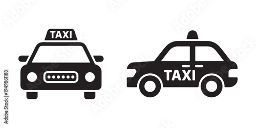 Taxi car service icons featuring front view and side profile with sign for transportation company branding use