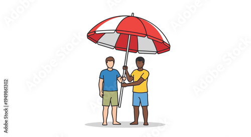 Vector illustration of two men under red umbrella