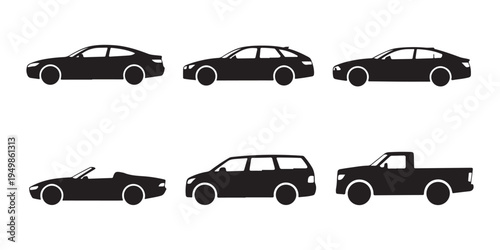 Solid black car silhouette collection featuring convertible pickup truck and station wagon for business ads