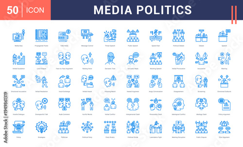 Media Politics Icon Set. media bias, propaganda poster, fake news, message control, threat speech and more. Blue vector icons collection.