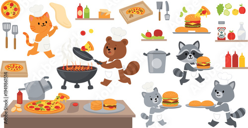 Cute Animal Fast Food Cooking Collection with Cat Bear Raccoon Characters Making Pizza Burgers BBQ Kitchen Ingredients Cartoon Vector Illustration Set