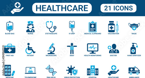 Healthcare and Medical Icon Set with Doctor, Hospital, Vaccination, Telemedicine, First Aid and Virus Protection Symbols in Solid Glyph Style for Clinic Services, Pharmacy and Health Awareness