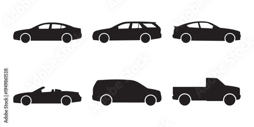 Set of black silhouette car icons, including sedan, wagon, coupe, convertible, suv, and pickup truck