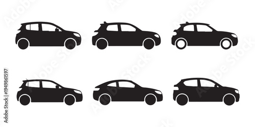 Set of various black car silhouettes on white background representing different vehicle types