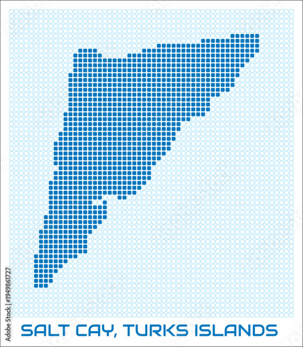 Salt Cay, Turks Islands digital style map with blue rounded rectangle dots. Turks and Caicos. Dotted shape of the island. Blue colored map and title on white background. Vibrant Vector Illustration.